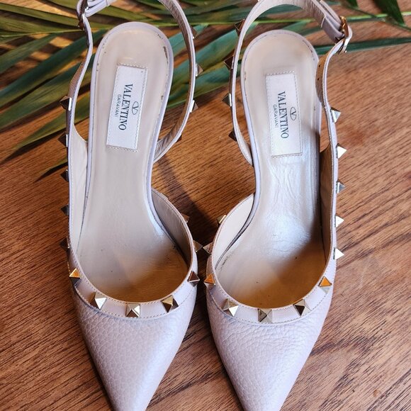 Valentino Blush Pink Leather Rockstud Embellished D'orsay Slingback Pumps - Picture 3 of 15